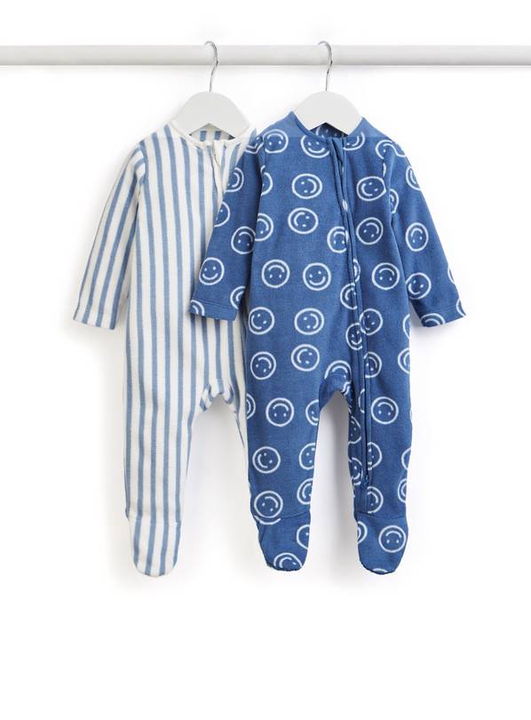 Smiley Face & Stripe Fleece Sleepsuit 2 Pack Up to 3 mths